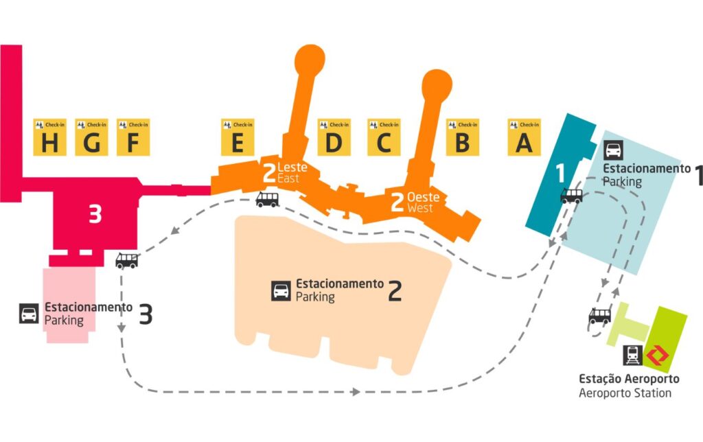 Mapa dos terminais 1, 2 e 3 do aeroporto de Guarulhos, com o percurso do ônibus