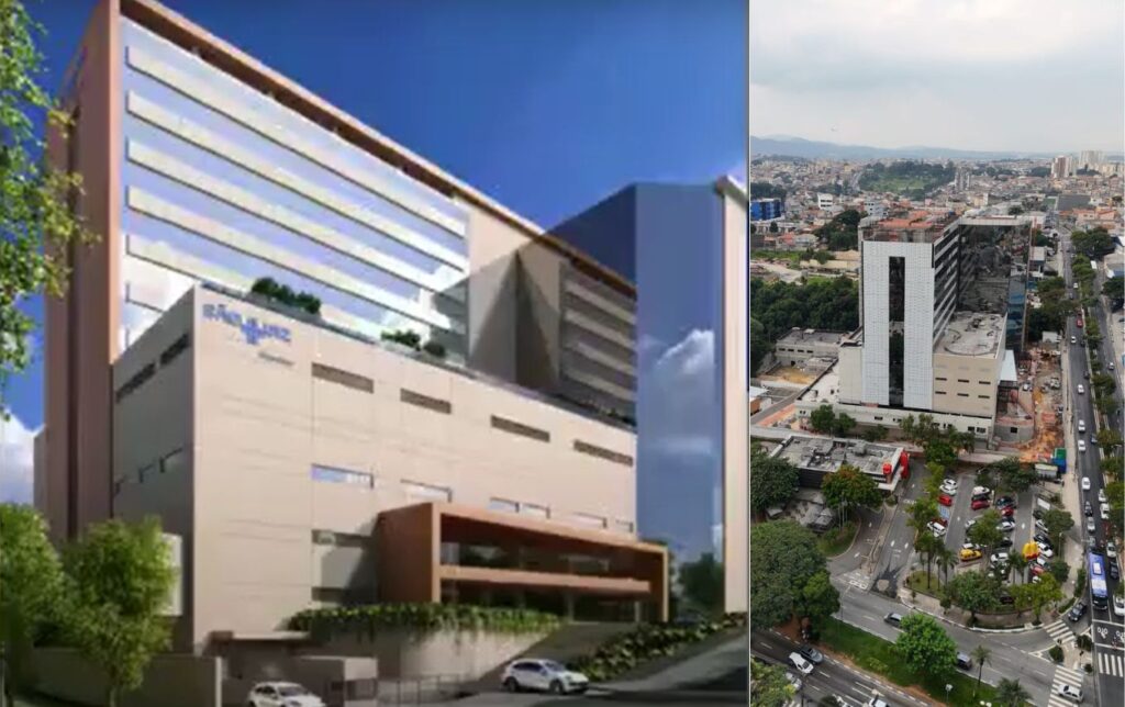 À esquerda, o projeto do Hospital São Luiz Guarulhos; à direita, o andamento das obras em abril de 2024