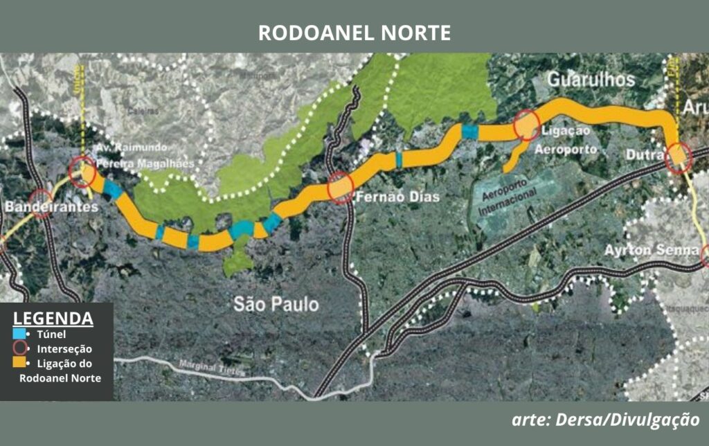 Mapa do Rodoanel Norte, que terá ligação com o aeroporto de Guarulhos