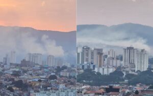 Fumaça de incêndio invade pistas da Fernão Dias e casas de Guarulhos