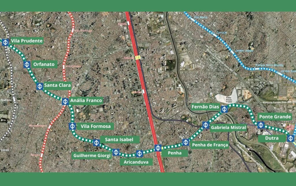 Mapa de expansão da Linha 2-Verde do Metrô, que vai chegar a Guarulhos saindo da zona leste (Penha)