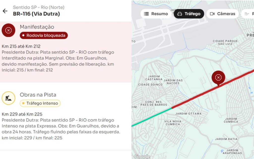 Trânsito na Rodovia Presidente Dutra por causa de manifestação no Maria Dirce