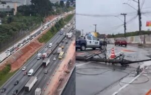 Caminhão derruba poste, deixa Bonsucesso sem luz e prejudica trânsito na Dutra