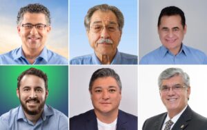 Os seis candidatos a prefeito de Guarulhos: Alencar, Elói, Xerife, Lucas Sanches, Nakashima e Waldomiro Ramos