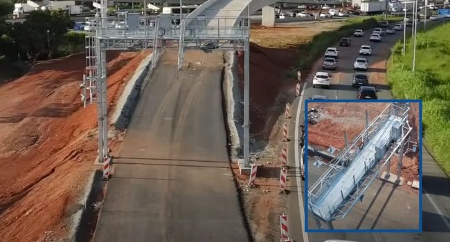 Pórticos de pedágio free flow instalados durante obras da Via Dutra, em Guarulhos