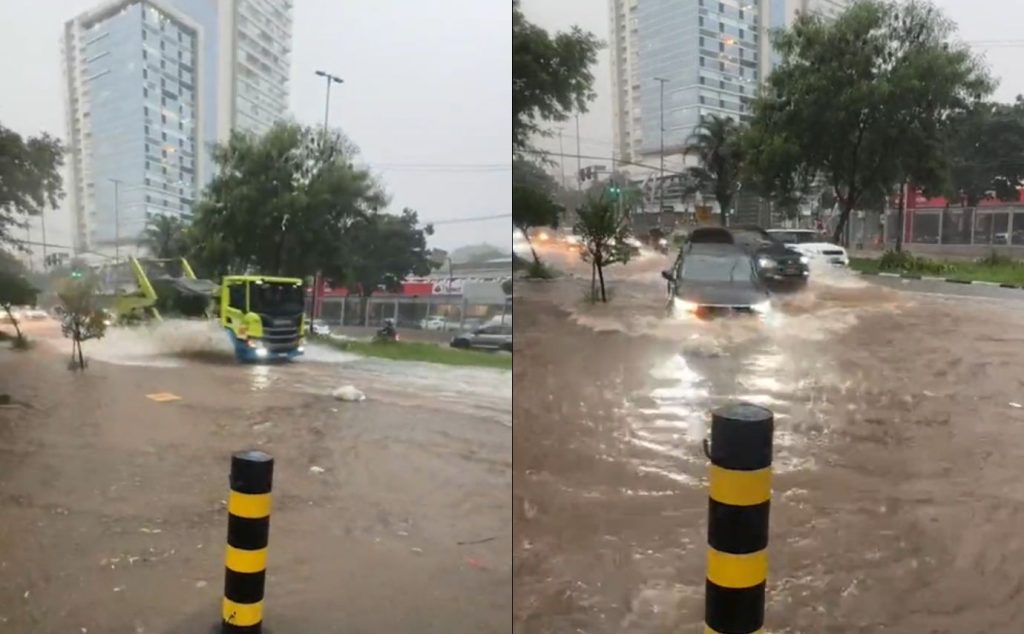 Alagada: Assim ficou a avenida Paulo Faccini, em Guarulhos, durante as chuvas