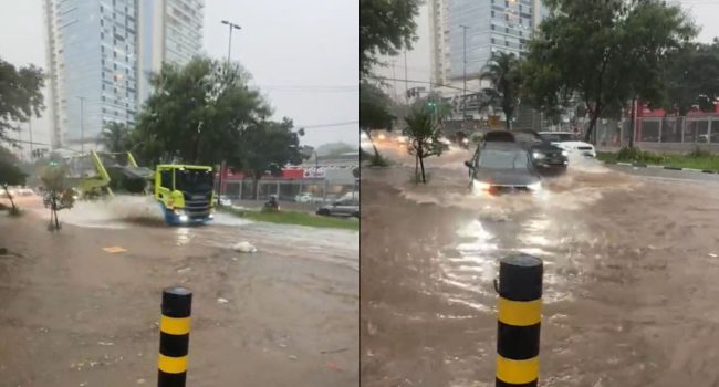 Avenida Paulo Faccini, em Guarulhos, alagada durante as chuvas