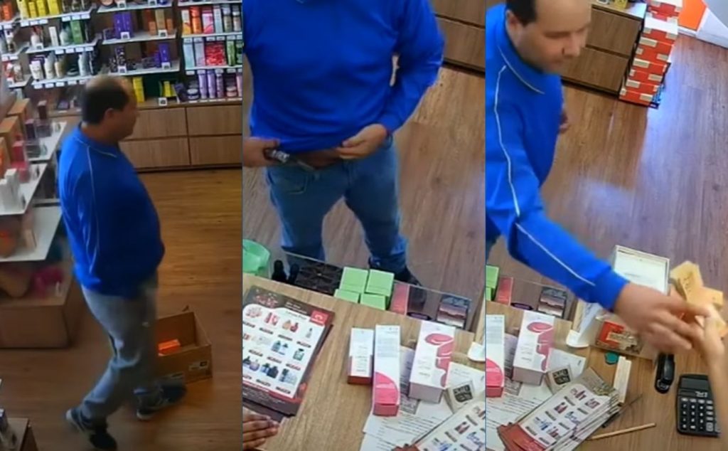 Vídeo mostra assalto em loja na Emílio Ribas: homem rouba dois perfumes da Natura e dinheiro